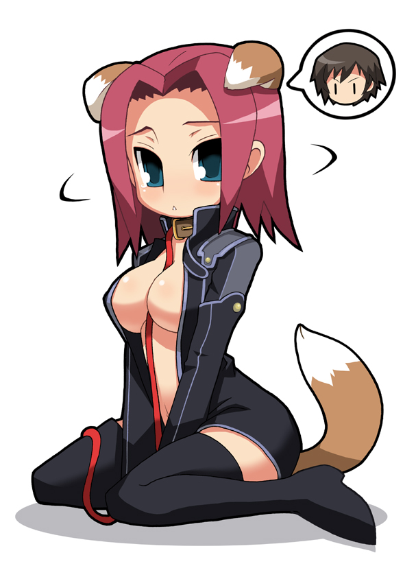imaizumi teruhiko, kouzuki kallen, lelouch vi britannia, code geass, 00s, 1girl, :<, animal ears, blue eyes, collar, dog ears, dog girl, female focus, leash, navel, open clothes, open shirt, order of the black knights uniform, red hair, shirt, short hair, sitting, solo, tail, thighhighs, triangle mouth