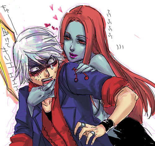aka gan k, akagishi k, nero (devil may cry), nevan, capcom, devil may cry (series), devil may cry 3, devil may cry 4, lowres, 00s, blue skin, colored skin, heart, long hair, red eyes, red hair, sweat, white hair