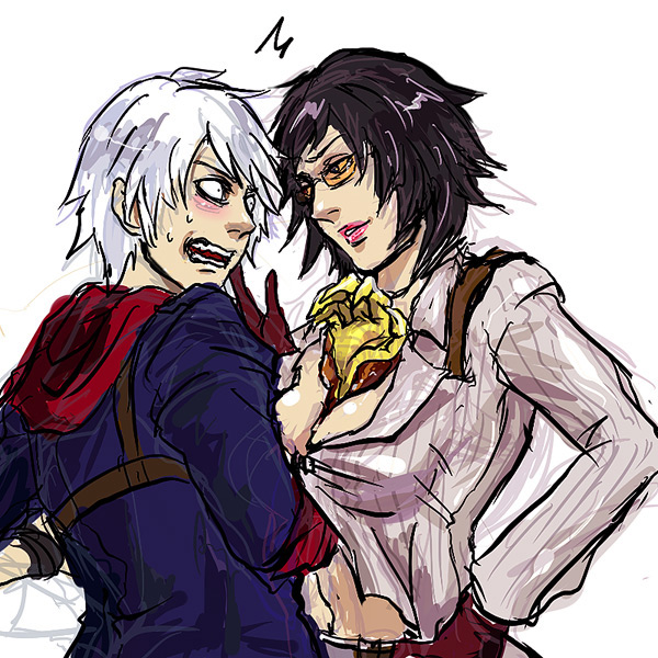 ud-j, lady (devil may cry), nero (devil may cry), capcom, devil may cry, devil may cry (series), devil may cry 4, 00s, 1boy, 1girl, between breasts, black hair, blush, breasts, cleavage, devil bringer, glasses, large breasts, navel, open mouth, orange-tinted eyewear, short hair, sweat, tinted eyewear, white hair