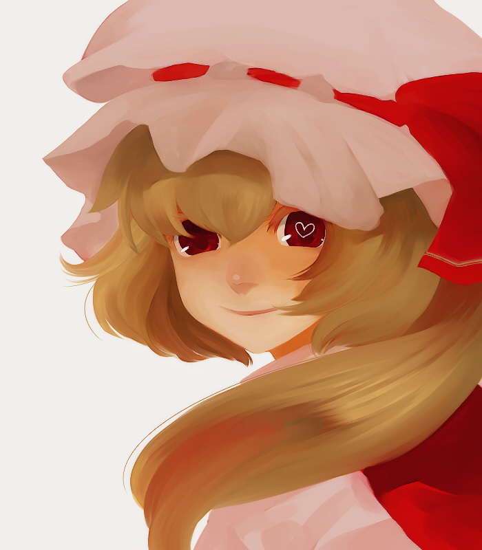 alice0hatter, flandre scarlet, touhou, 1girl, blonde hair, blouse, closed mouth, female focus, grey background, hair between eyes, hat, heart, heart-shaped pupils, long hair, looking at viewer, mob cap, nose, red eyes, shirt, simple background, solo, symbol-shaped pupils, white shirt