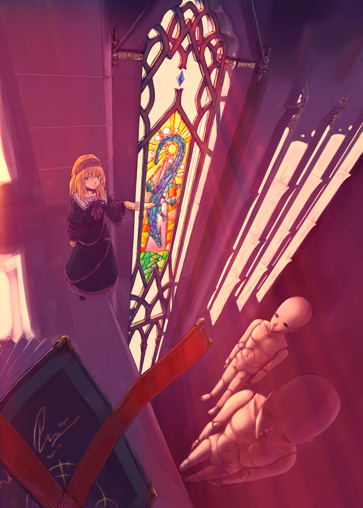 farl, alice margatroid, touhou, bad id, bad pixiv id, highres, 1girl, blonde hair, doll, female focus, green eyes, indoors, solo, stained glass, standing