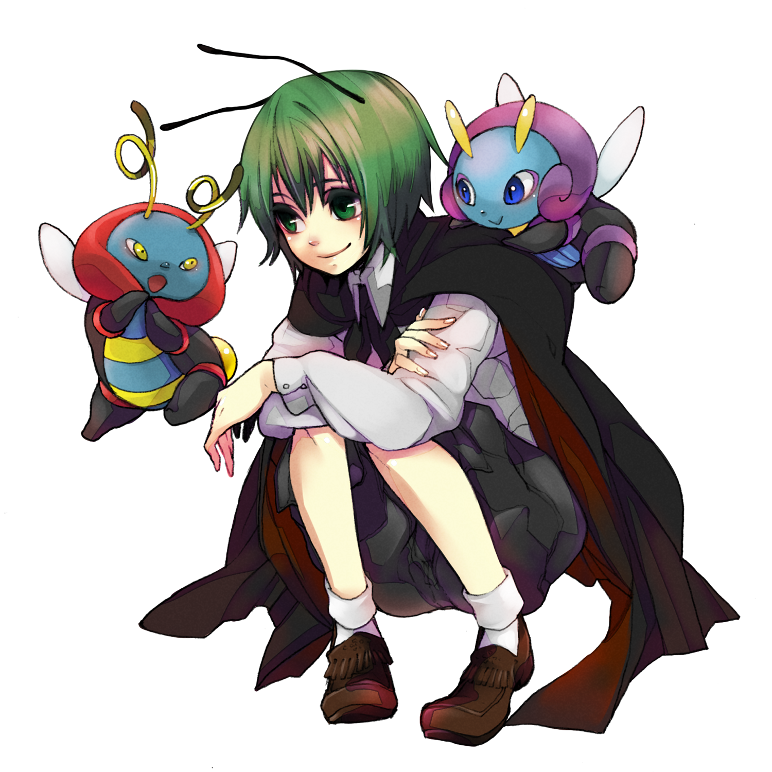 todoroki sora, illumise, volbeat, wriggle nightbug, nintendo, pokemon, touhou, white legwear, bad id, bad pixiv id, gender request, highres, androgynous, antennae, blouse, crossover, full body, gen 3 pokemon, green eyes, green hair, hair between eyes, pokemon (creature), reverse trap, shirt, short hair, simple background, socks, squatting, white background, white shirt