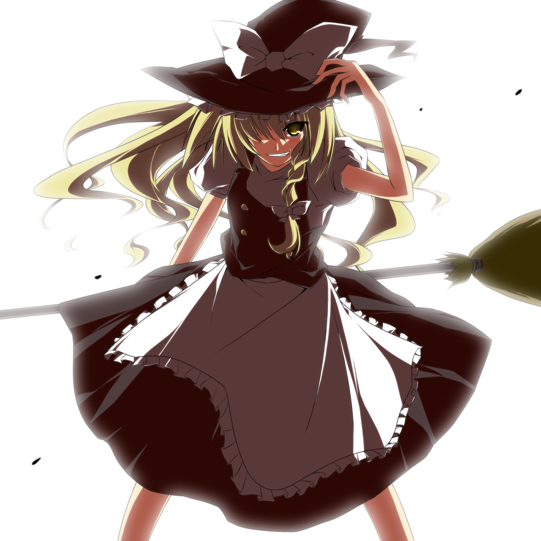 sakurame, kirisame marisa, touhou, bad id, bad pixiv id, highres, 1girl, blonde hair, bloom, broom, female focus, grin, hand on headwear, hat, ribbon, simple background, skirt, smile, solo, white background, witch, witch hat