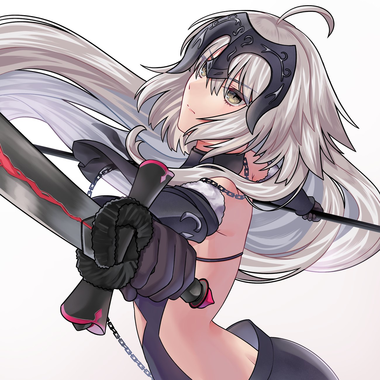 akio (akio1124), jeanne d'arc alter (avenger) (fate), jeanne d'arc alter (avenger) (third ascension) (fate), jeanne d'arc alter (fate), fate/grand order, fate (series), commentary, highres, symbol-only commentary, 1girl, ahoge, banner, bare back, black gloves, expressionless, gloves, headpiece, holding, holding banner, holding sword, holding weapon, simple background, solo, sword, weapon, white background, white hair