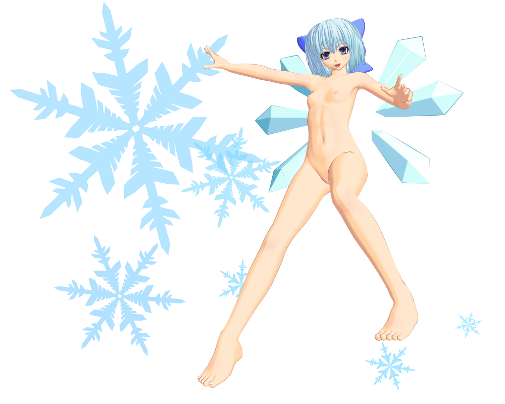 sosoon (pixiv), usami chuui, cirno, embodiment of scarlet devil, touhou, bad id, bad pixiv id, 1girl, 3d, barefoot, blue hair, breasts, completely nude, fairy, feet, female focus, loli, nipples, nude, pussy, ribbon, short hair, small breasts, snow, solo, toes, wings