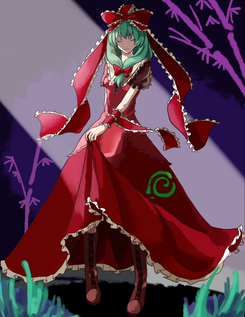shibasaki shouji, kagiyama hina, touhou, bad id, bad pixiv id, 1girl, boots, dress, female focus, front ponytail, green hair, ribbon, skirt hold, solo