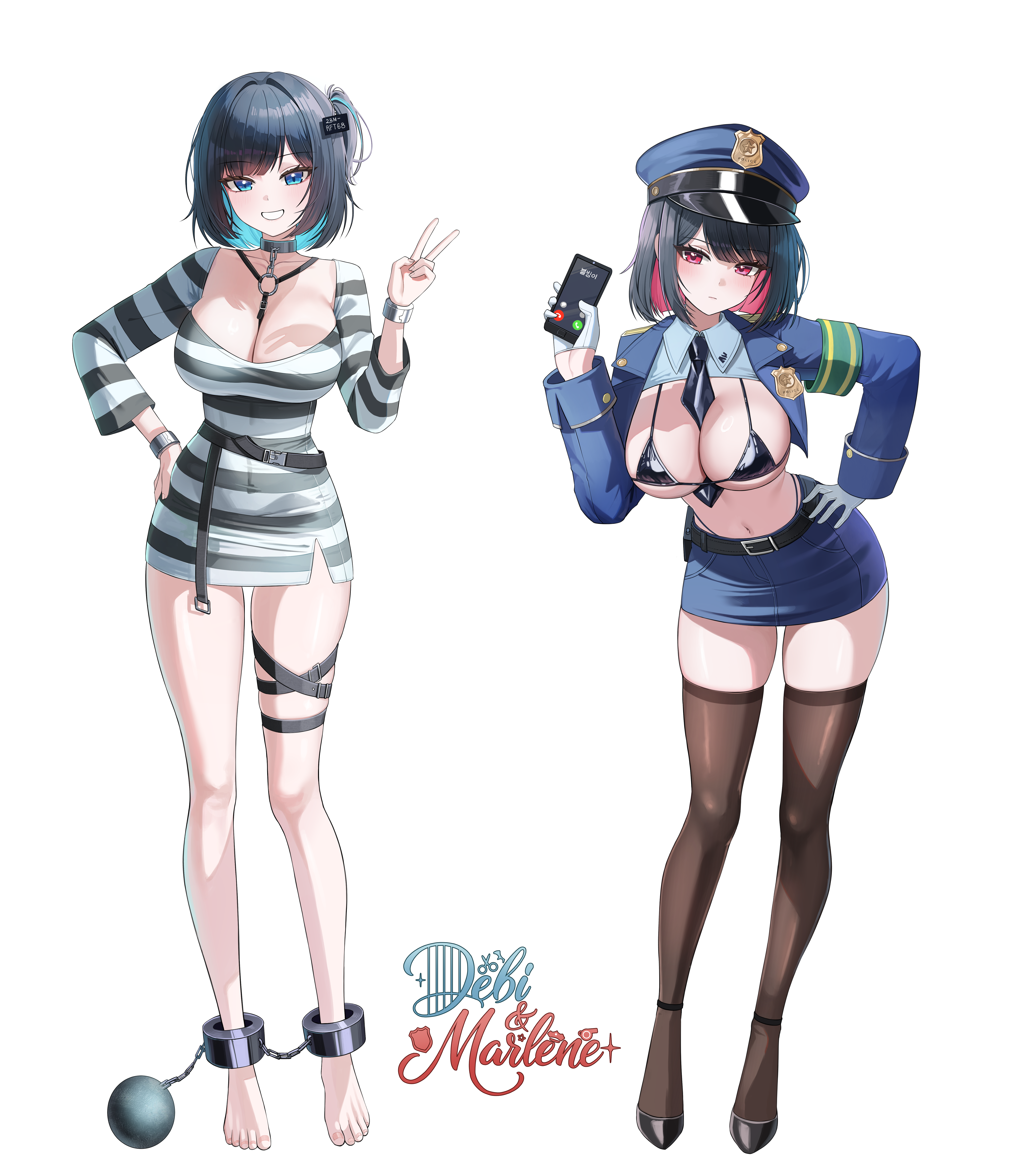 suisen (suisenhwa), debi (black survival), marlene (black survival), black survival, eternal return: black survival, absurdres, highres, 2girls, armband, ball and chain restraint, between breasts, bikini, black bikini, black hair, black necktie, black thighhighs, blue eyes, blue hair, blue hat, blue skirt, breasts, chain, character name, colored inner hair, cropped jacket, cuffs, dress, full body, green armband, hair intakes, hand on own hip, hat, high heels, holding, holding phone, jacket, leaning forward, long sleeves, multicolored hair, multiple girls, necktie, necktie between breasts, one side up, open clothes, open jacket, pencil skirt, phone, pink hair, police badge, police hat, prison clothes, red eyes, shackles, short hair, siblings, sisters, skirt, standing, striped clothes, striped dress, swimsuit, thigh strap, thighhighs, twins