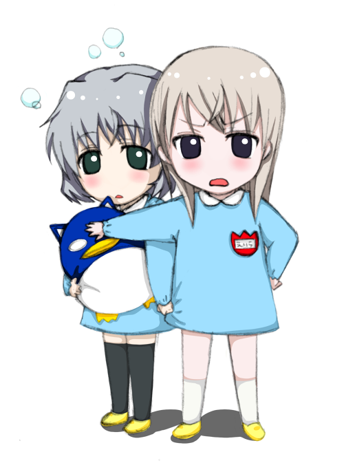 eila ilmatar juutilainen, sanya v. litvyak, strike witches, world witches series, tagme, 00s, 2girls, aged down, blush, child, clothes grab, hand on own hip, kindergarten, kindergarten uniform, long hair, looking at viewer, multiple girls, name tag, short hair, simple background, standing, stuffed animal, stuffed toy, thighhighs, white background