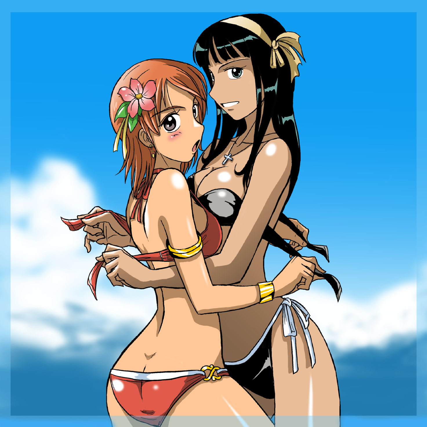 takaya n, nami (one piece), nico robin, one piece, highres, 2girls, armlet, bangle, bikini, black hair, blush, bracelet, breast press, breasts, butt crack, earrings, flower, hair flower, hair ornament, jewelry, large breasts, long hair, looking at viewer, multiple girls, orange hair, pendant, short hair, side-tie bikini bottom, swimsuit, symmetrical docking, undressing, yuri