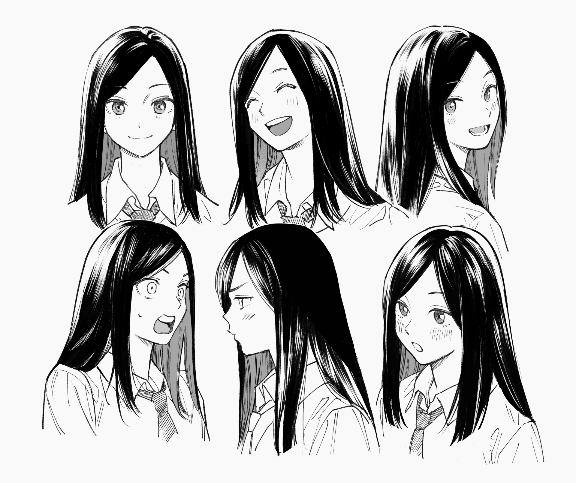 hiro (chumo), original, highres, 1girl, :d, blush, closed eyes, collared shirt, long hair, monochrome, multiple expressions, multiple views, necktie, open mouth, parted bangs, school uniform, shirt, smile