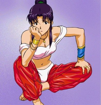 katsuragi misato, neon genesis evangelion, lowres, non-web source, 1girl, alternate costume, alternate hairstyle, arabian clothes, bare shoulders, barefoot, bored, bracelet, breasts, cleavage, female focus, harem outfit, high ponytail, jewelry, long hair, looking at viewer, medium breasts, midriff, navel, necklace, pants, parted bangs, ponytail, purple background, purple hair, red pants, sad, see-through clothes, see-through pants, sidelocks, sitting, solo