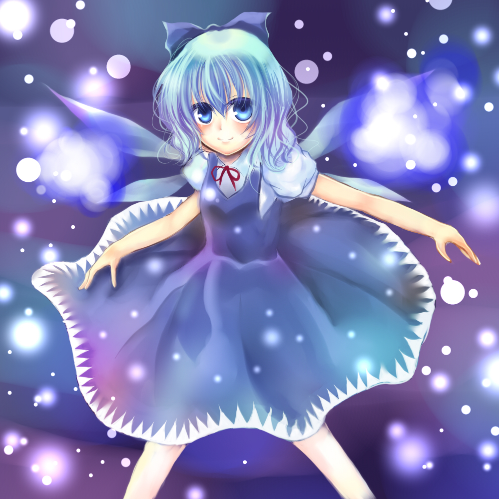 uranaishi (miraura), cirno, mirage, embodiment of scarlet devil, touhou, bad id, bad pixiv id, metadata reference, 1girl, blue hair, female focus, ribbon, short hair, solo, wings