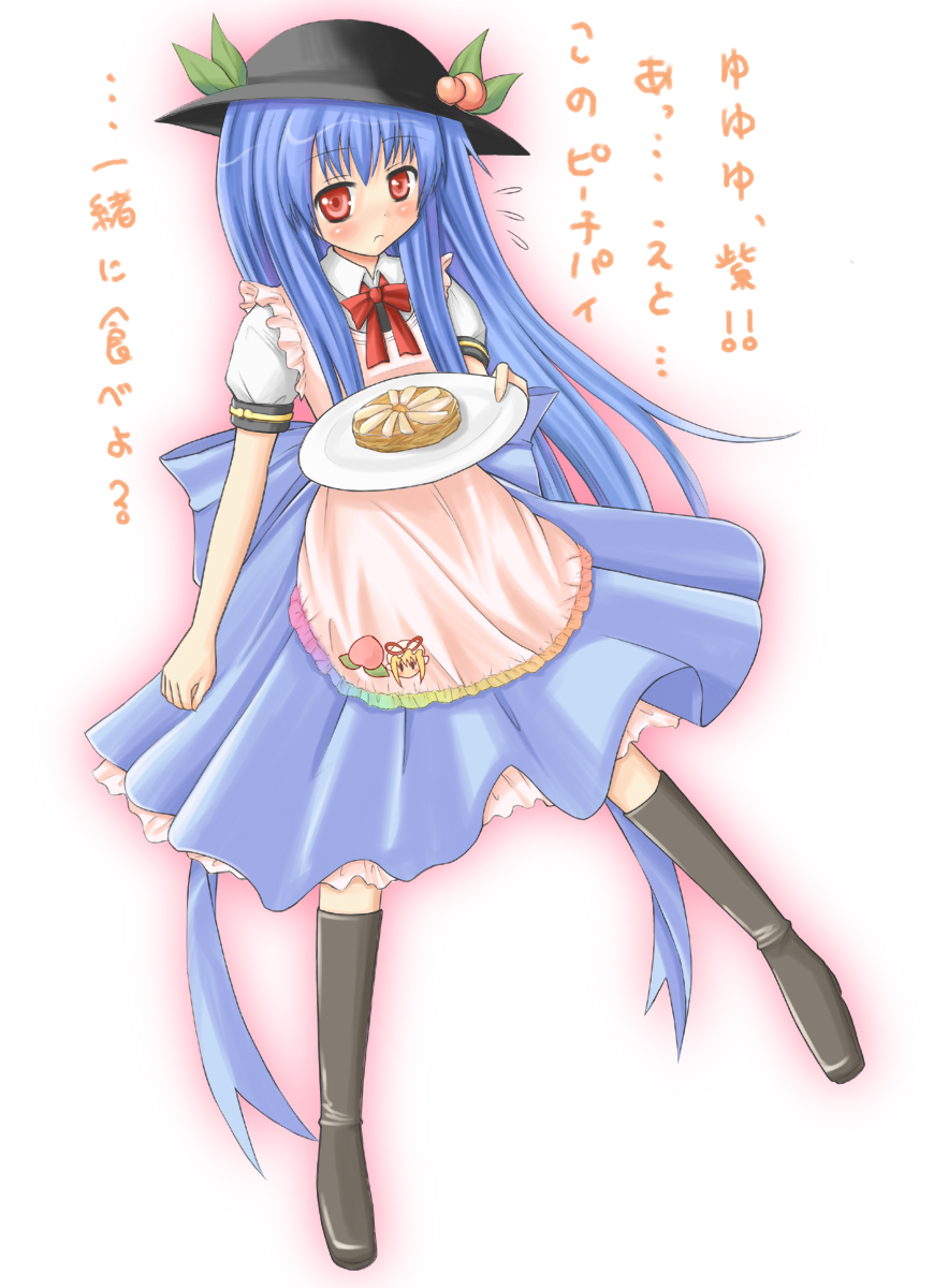 zaze, hinanawi tenshi, touhou, bad id, bad pixiv id, highres, translated, 1girl, blue hair, female focus, food, fruit, full body, gradient background, hat, long hair, peach, pie, ribbon, solo, white background