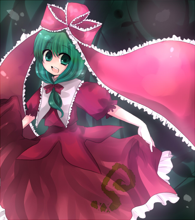 miyako (xxxbibit), myk, kagiyama hina, touhou, bad id, bad pixiv id, 1girl, female focus, front ponytail, green hair, ribbon, skirt hold, solo