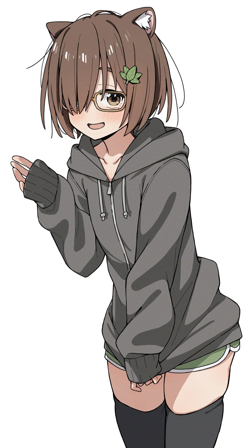 itami sumihito, original, highres, 1girl, animal ears, blush, brown eyes, brown hair, glasses, hair over one eye, hand up, hood, hoodie, leaf, long sleeves, looking at viewer, open mouth, sleeves past wrists, smile, solo, thighhighs, white background