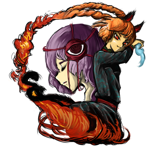 rotya, kaenbyou rin, komeiji satori, touhou, lowres, 2girls, animal ears, cat ears, cat girl, closed eyes, eye focus, female focus, multiple girls, purple hair, red eyes, red hair, third eye