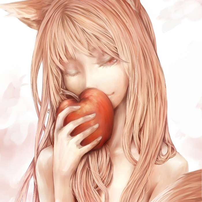 nabe (crow's head), holo, spice and wolf, 00s, 1girl, animal ears, apple, female focus, food, fruit, holding, holding food, holding fruit, nude, one eye closed, realistic, smile, solo, wink, wolf ears