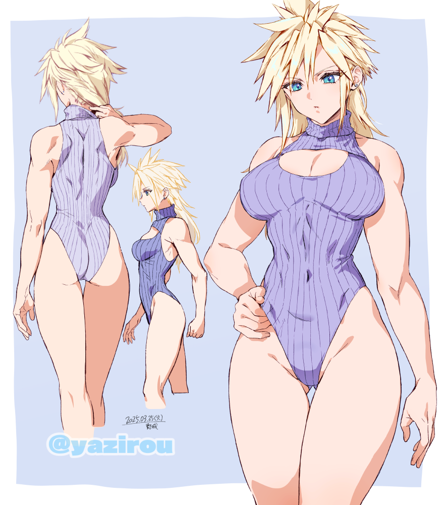 yajiro masaru, cloud strife, final fantasy, final fantasy vii, 1girl, adjusting clothes, adjusting hair, ass, blonde hair, blue eyes, border, breasts, cleavage, cleavage cutout, clothing cutout, covered navel, cropped legs, dated, earrings, genderswap, genderswap (mtf), heattech leotard, jewelry, large breasts, leotard, multiple views, profile, purple leotard, ribbed leotard, solo, spiked hair, thigh gap, turtleneck, twitter username, white border, wolf cut