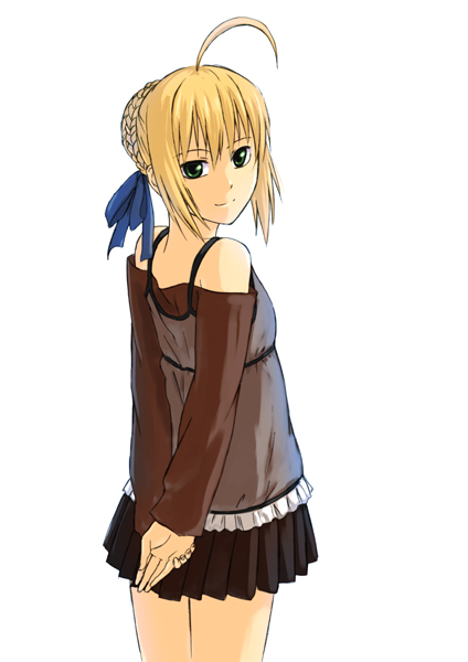 ganzyu i, artoria pendragon (fate), saber (fate), fate/stay night, fate (series), 00s, 1girl, ahoge, casual, female focus, hair ribbon, official alternate costume, ribbon, skirt, solo