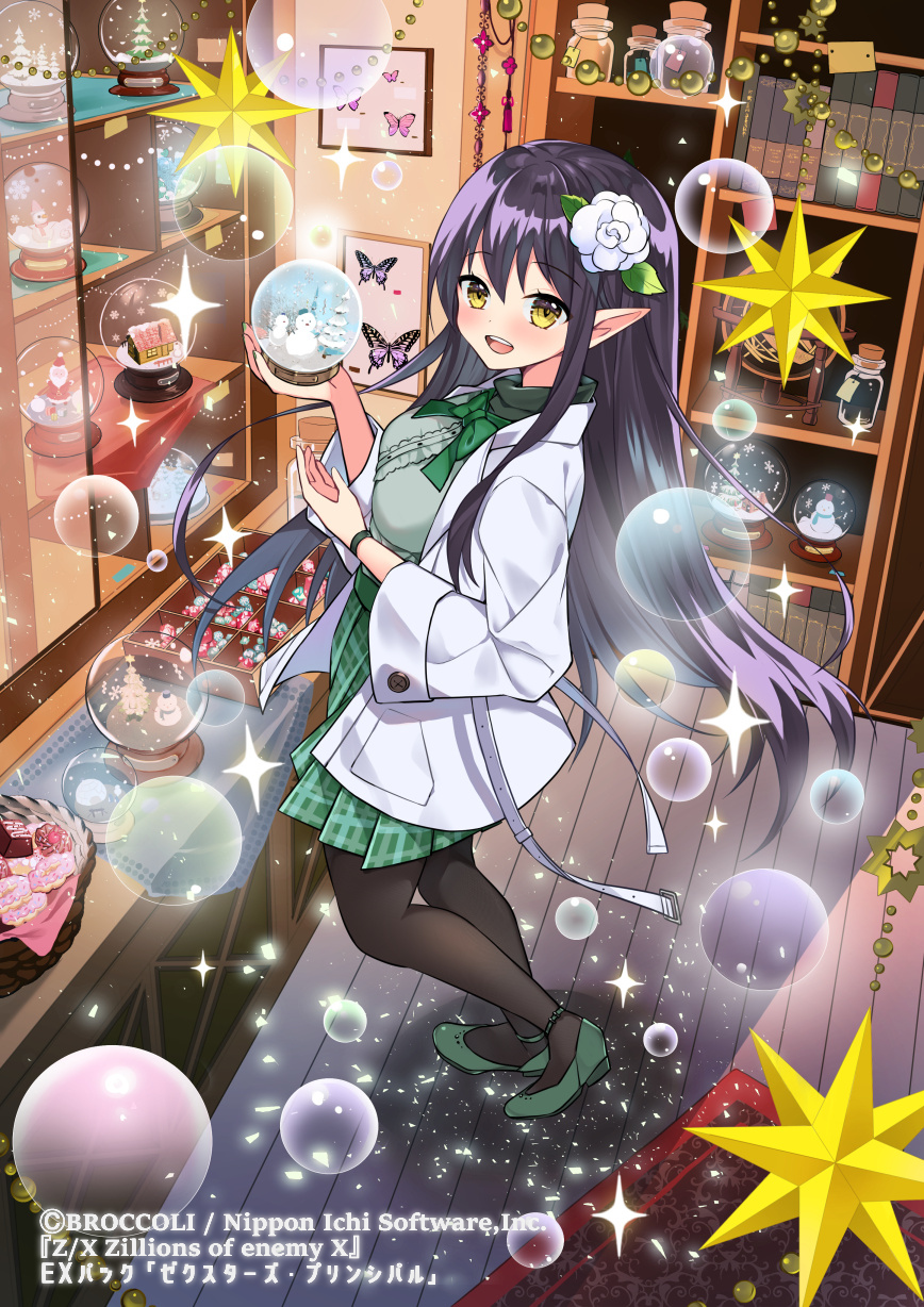07touka25, z/x, highres, official art, 1girl, black hair, black pantyhose, bow, bowtie, bubble, center frills, coat, copyright notice, flower, food, frills, from above, green bow, green bowtie, green shirt, green shoes, green skirt, hair flower, hair ornament, holding, holding snow globe, indoors, lab coat, long hair, open clothes, open coat, open mouth, painting (object), pantyhose, pecteilis, plaid clothes, plaid skirt, pointy ears, shelf, shirt, shoes, skirt, snow globe, solo, sparkle, sweets, teeth, upper teeth only, yellow eyes