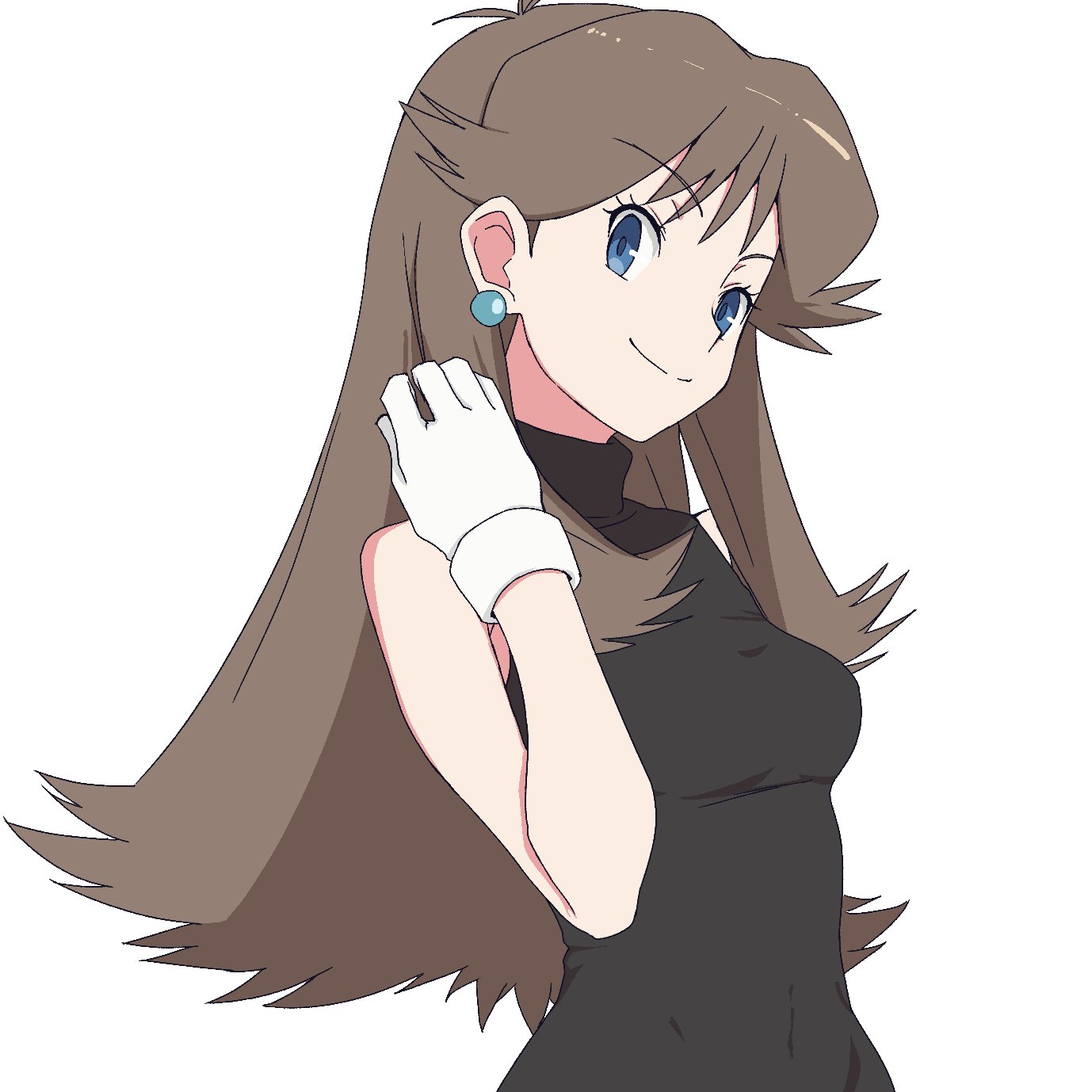 kp944113, green (pokemon), nintendo, pokemon, pokemon adventures, highres, 1girl, bare shoulders, black dress, blue eyes, brown hair, dress, earrings, gloves, jewelry, long hair, simple background, solo, sphere earrings, upper body, white background, white gloves