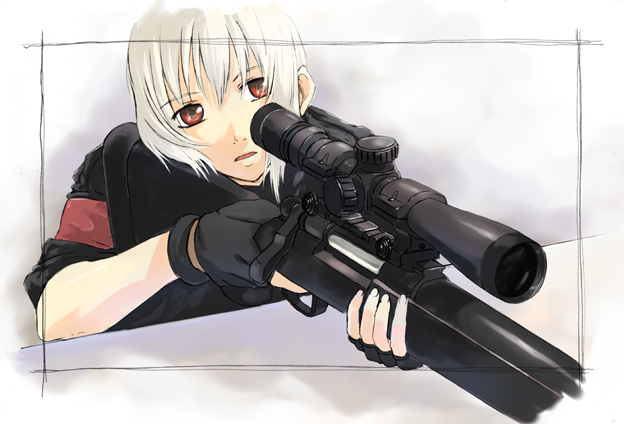 ganzyu i, 1girl, female focus, gloves, gun, red eyes, rifle, short hair, sniper rifle, solo, weapon, white hair