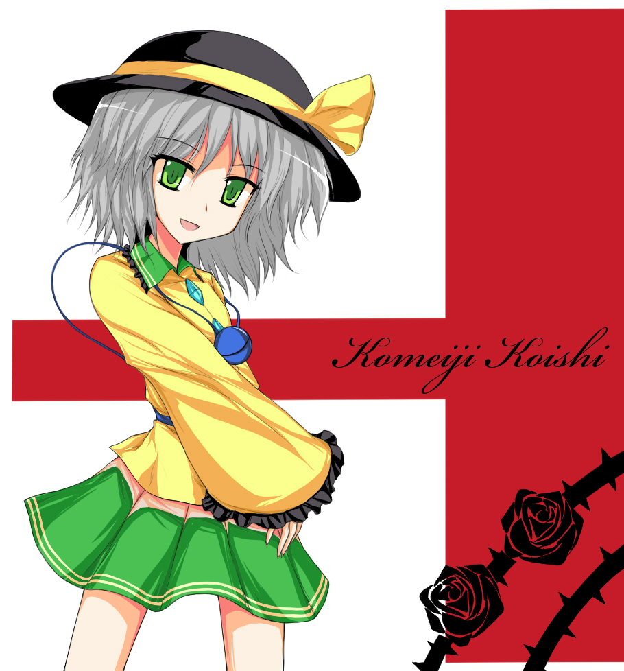 isa, komeiji koishi, touhou, silver hair, bad id, bad pixiv id, 1girl, alphes (style), blouse, bow, character name, female focus, green eyes, hat, looking at viewer, miniskirt, parody, ribbon, shirt, short hair, skirt, solo, style parody, yellow bow, yellow shirt