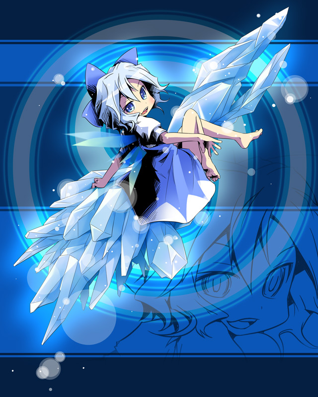 ham (points), cirno, phantasmagoria of flower view, touhou, 1girl, barefoot, blue hair, crystal, dress, feet, female focus, ice, icicle, loli, ribbon, short hair, solo, wings