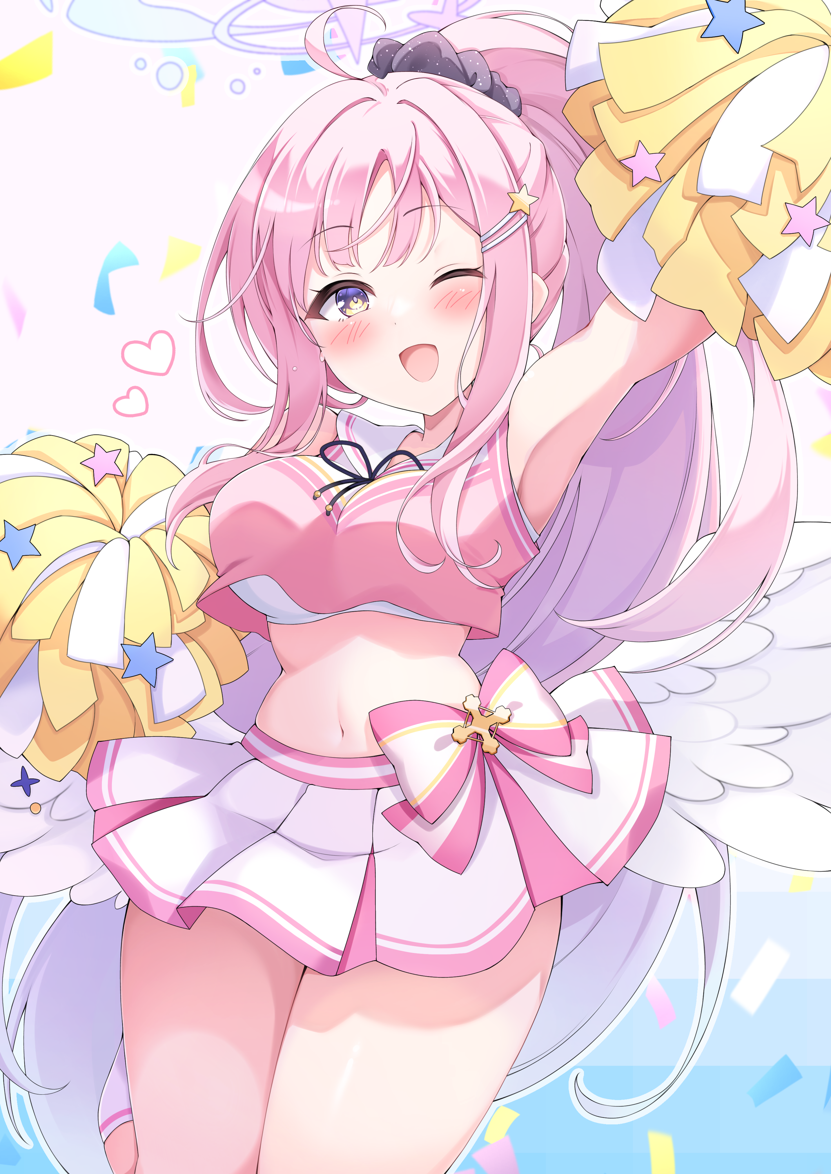 tenshoo, mika (blue archive), blue archive, absurdres, highres, 1girl, ;d, ahoge, alternate costume, alternate hairstyle, arm up, armpits, bare shoulders, black scrunchie, blush, bow, breasts, cheering, cheerleader, cowboy shot, crop top, crop top overhang, hair ornament, hair scrunchie, hairclip, happy, heart, high ponytail, holding, holding pom poms, large breasts, long hair, looking at viewer, medium breasts, midriff, navel, one eye closed, open mouth, parallel hairclips, pink hair, pleated skirt, pom pom (cheerleading), pom poms, ponytail, scrunchie, shirt, sidelocks, simple background, skirt, sleeveless, sleeveless shirt, smile, solo, standing, star (symbol), star hair ornament, stomach, striped background, thighs, very long hair