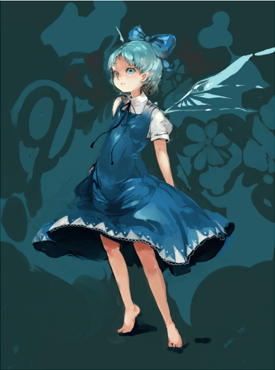 kuma neko, cirno, phantasmagoria of flower view, touhou, 1girl, blue hair, dress, female focus, full body, ribbon, short hair, solo, wings