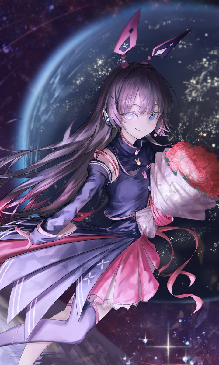atatatatame01, tsukino mito, tsukino mito (tsuki no usagi ha virtual no yume wo miru), nijisanji, commentary request, highres, 1girl, animal ears, black hair, blue eyes, blue shirt, blue skirt, blue sleeves, blue thighhighs, bouquet, closed mouth, detached sleeves, earth (planet), fake animal ears, feet out of frame, flower, gloves, hair ornament, hairpin, headphones, holding, holding bouquet, layered skirt, long hair, long sleeves, looking at viewer, mechanical ears, miniskirt, multiple hairpins, on moon, pink gloves, pink skirt, pink trim, planet, rabbit ears, red flower, red rose, rose, shirt, single thighhigh, skirt, sleeve cuffs, sleeveless, sleeveless shirt, smile, solo, space, star (sky), thighhighs, very long hair, virtual youtuber, walking