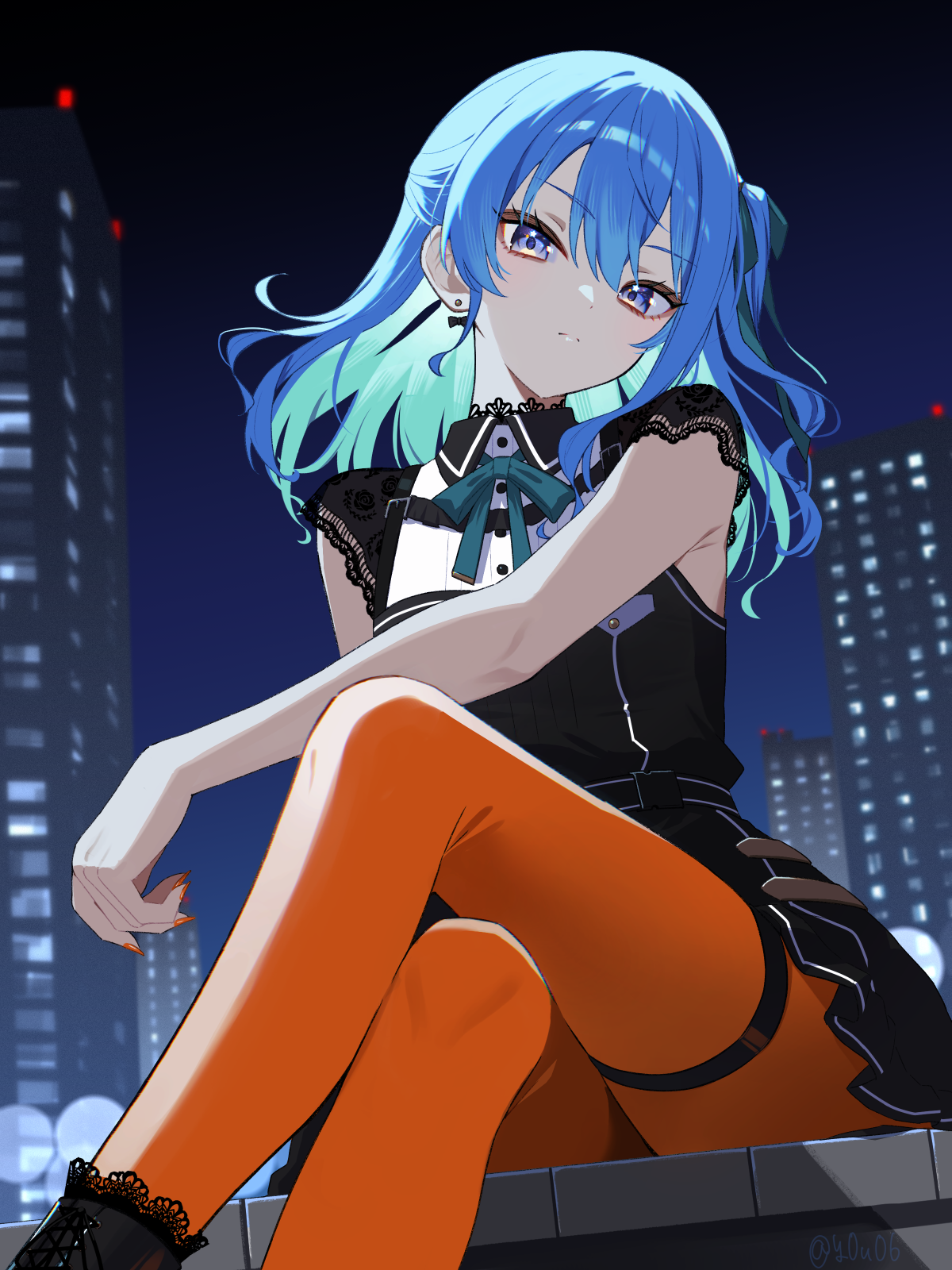 you06, hoshimachi suisei, hoshimachi suisei (casual), hololive, commentary, english commentary, highres, 1girl, asymmetrical sidelocks, black boots, black choker, black dress, blue eyes, blue hair, boots, bow, bow earrings, choker, closed mouth, collared dress, colored inner hair, crossed legs, double-parted bangs, dress, earrings, green ribbon, hair between eyes, hair ribbon, jewelry, lace, lace choker, lace sleeves, long hair, looking at viewer, multicolored hair, night, night sky, official alternate costume, official alternate hairstyle, one side up, orange pantyhose, outdoors, pantyhose, ribbon, rooftop, short dress, short sleeves, sidelocks, sitting, sky, solo, star (symbol), star in eye, symbol in eye, virtual youtuber