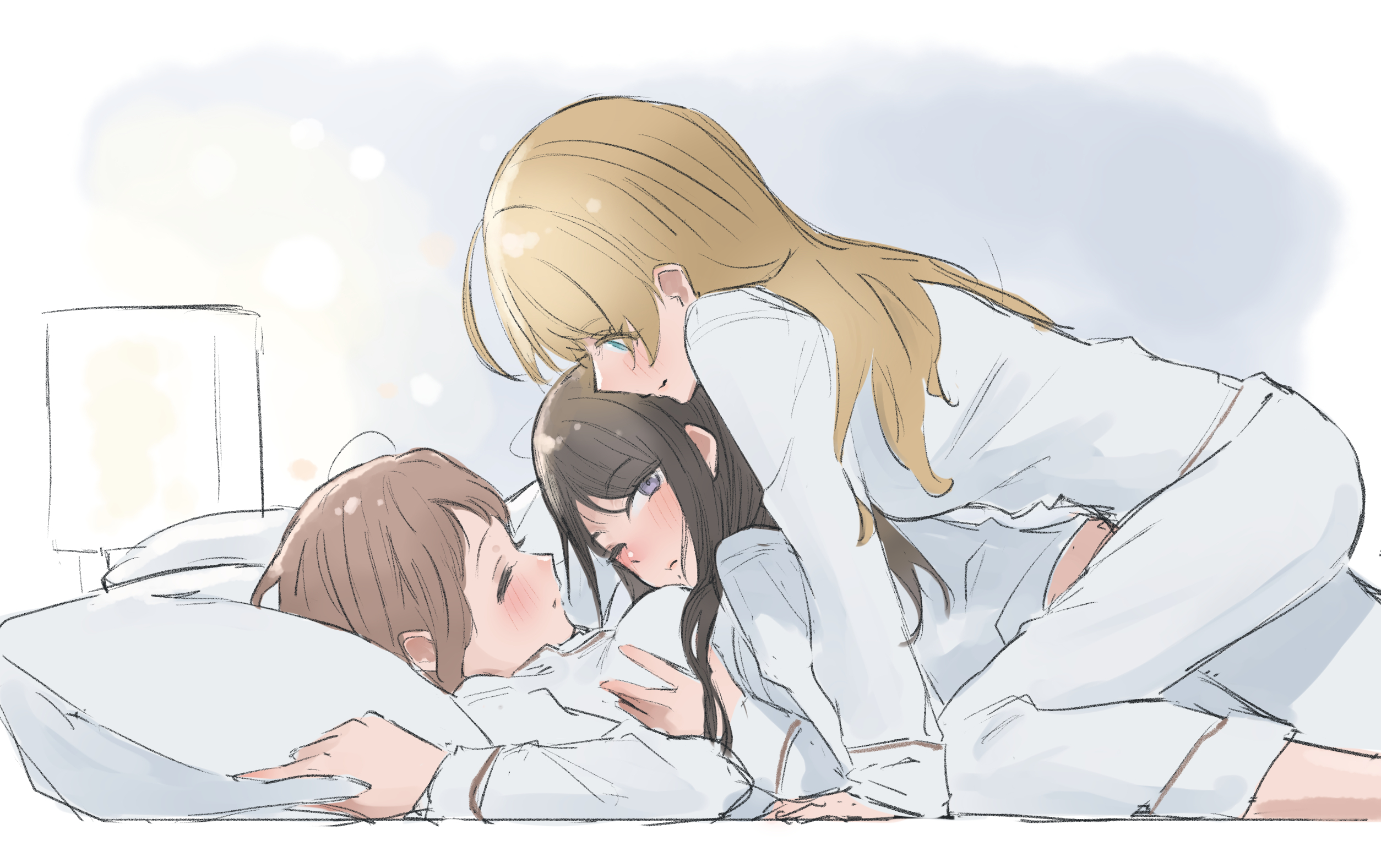 umirororo, hachimiya meguru, kazano hiori, sakuragi mano, idolmaster, idolmaster shiny colors, commentary, highres, 3girls, between breasts, black hair, blonde hair, blue eyes, blush, breasts, brown hair, closed mouth, face between breasts, girl sandwich, grabbing another's breast, groping, head between breasts, lamp, long hair, lying on person, multiple girls, one eye closed, pajamas, pants, pillow, purple eyes, sandwiched, shirt, smile, straddling, white pants, white shirt, yuri