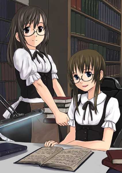 ganzyu i, 2girls, book, glasses, lamp, librarian, library, multiple girls, open book, reading, smile