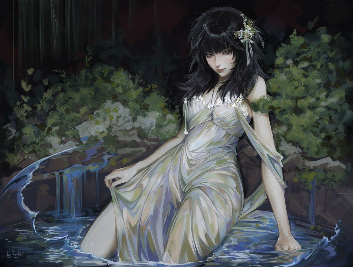 meylish, protagonist (love and deepspace), love and deepspace, commentary, english commentary, 1girl, artist name, black eyes, black hair, breasts, bush, closed mouth, dress, flower, hair flower, hair ornament, hair ribbon, jewelry, looking at viewer, medium hair, necklace, ribbon, signature, sleeveless, sleeveless dress, solo, wading, water, white dress, white ribbon