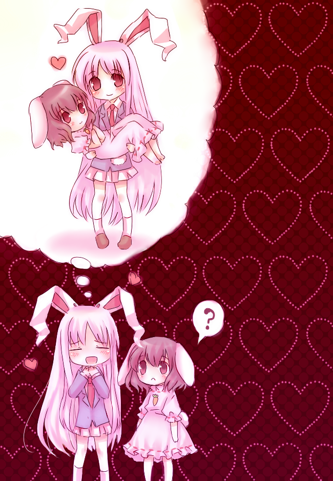 neme, inaba tewi, reisen udongein inaba, touhou, bad id, bad pixiv id, 2girls, ?, animal ears, blush, carrying, chibi, female focus, heart, imagining, long hair, multiple girls, princess carry, rabbit ears, short hair, skirt, speech bubble, thought bubble, yuri