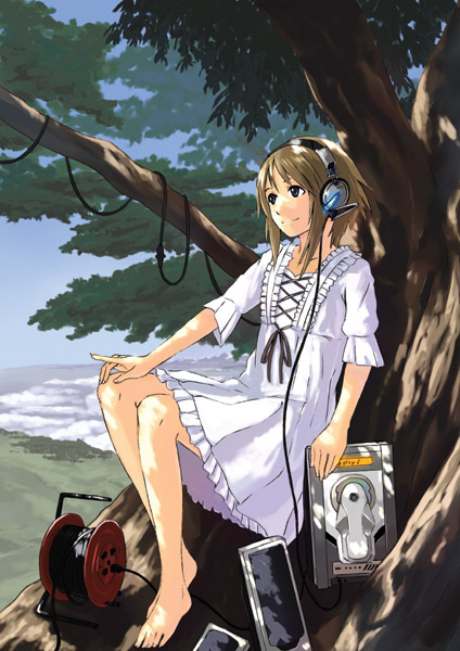 ganzyu i, 1girl, barefoot, cable, dress, female focus, headphones, in tree, sitting, sitting in tree, solo, tree