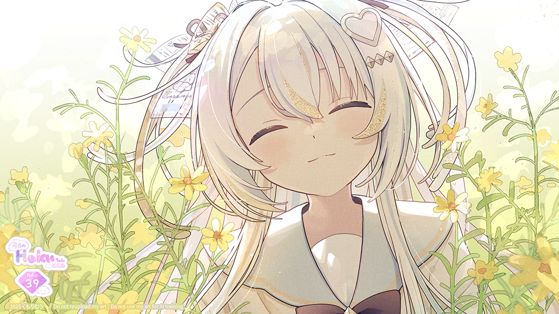 kumorimuu, original, commentary request, 1girl, ^ ^, closed eyes, collar, dated, facing viewer, flower, hair ornament, heart, heart hair ornament, long hair, smile, solo, white hair, yellow flower