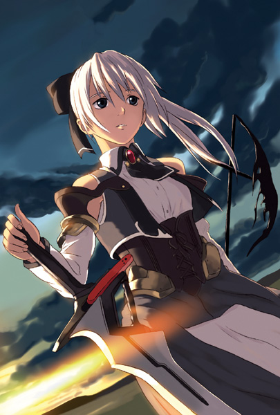 ganzyu i, armor, bare shoulders, cloud, corset, dress, dusk, hair between eyes, hair ribbon, lens flare, long hair, ponytail, ribbon, sky, solo, sword, weapon, white hair