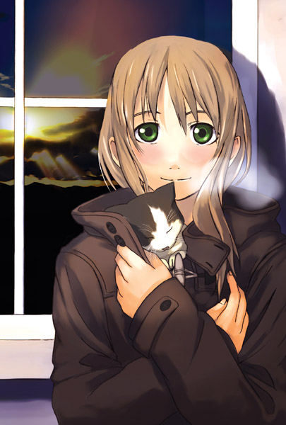 ganzyu i, 1girl, blush, breath, brown hair, cat, coat, female focus, green eyes, long hair, smile, solo, window