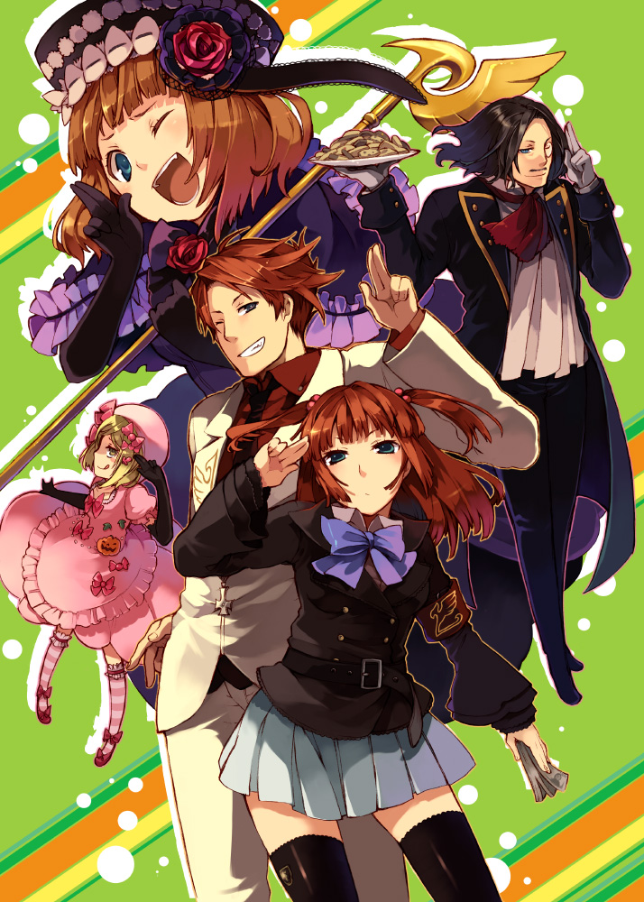 hanokage, eva beatrice, lambdadelta, ronove (umineko), ushiromiya ange, ushiromiya battler, umineko no naku koro ni, 00s, 2boys, 3girls, armband, bow, brother and sister, cookie, dress, food, frills, gloves, hair bobbles, hair ornament, hat, jacket, kneehighs, money, monocle, multiple boys, multiple girls, necktie, pink hat, siblings, skirt, socks, thighhighs