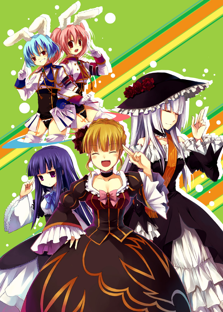 suzushiro kurumi, beatrice (umineko), chiester410, chiester45, chiester sisters, frederica bernkastel, virgilia (umineko), umineko no naku koro ni, silver hair, bad id, bad pixiv id, 00s, 5girls, animal ears, aqua hair, blonde hair, blue hair, choker, closed eyes, dress, flower, frills, hat, hime cut, long hair, multiple girls, pink hair, purple eyes, rabbit ears, red eyes, ribbon, rose, sash, short hair, showgirl skirt, smile, twintails