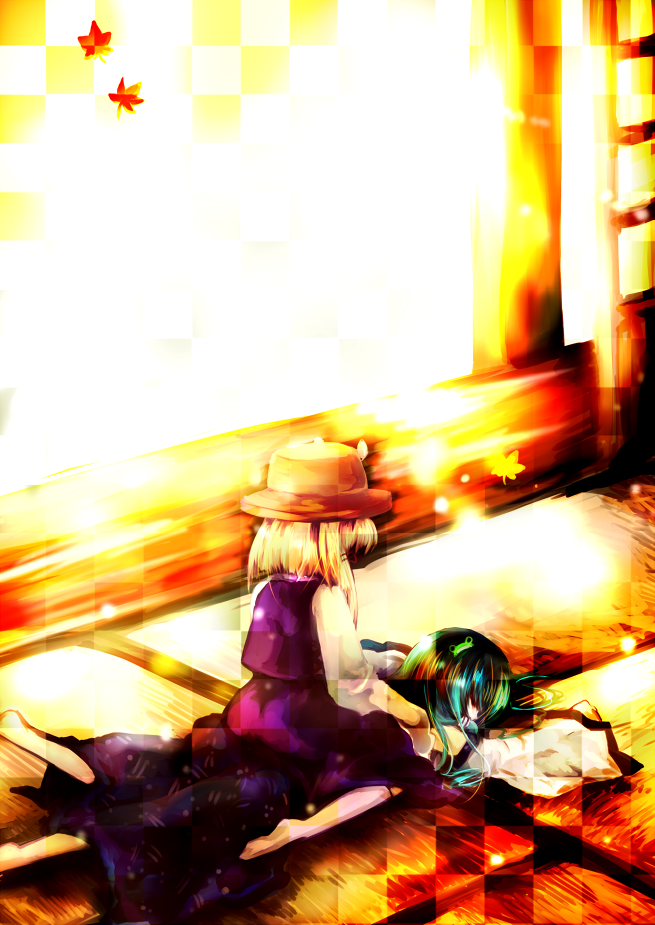 hanada hyou, kochiya sanae, moriya suwako, touhou, 2girls, blonde hair, detached sleeves, female focus, from behind, girl on top, glitch, green hair, hat, indoors, long hair, long sleeves, lying, multiple girls, nontraditional miko, on stomach, short hair, sitting, sliding doors, tatami
