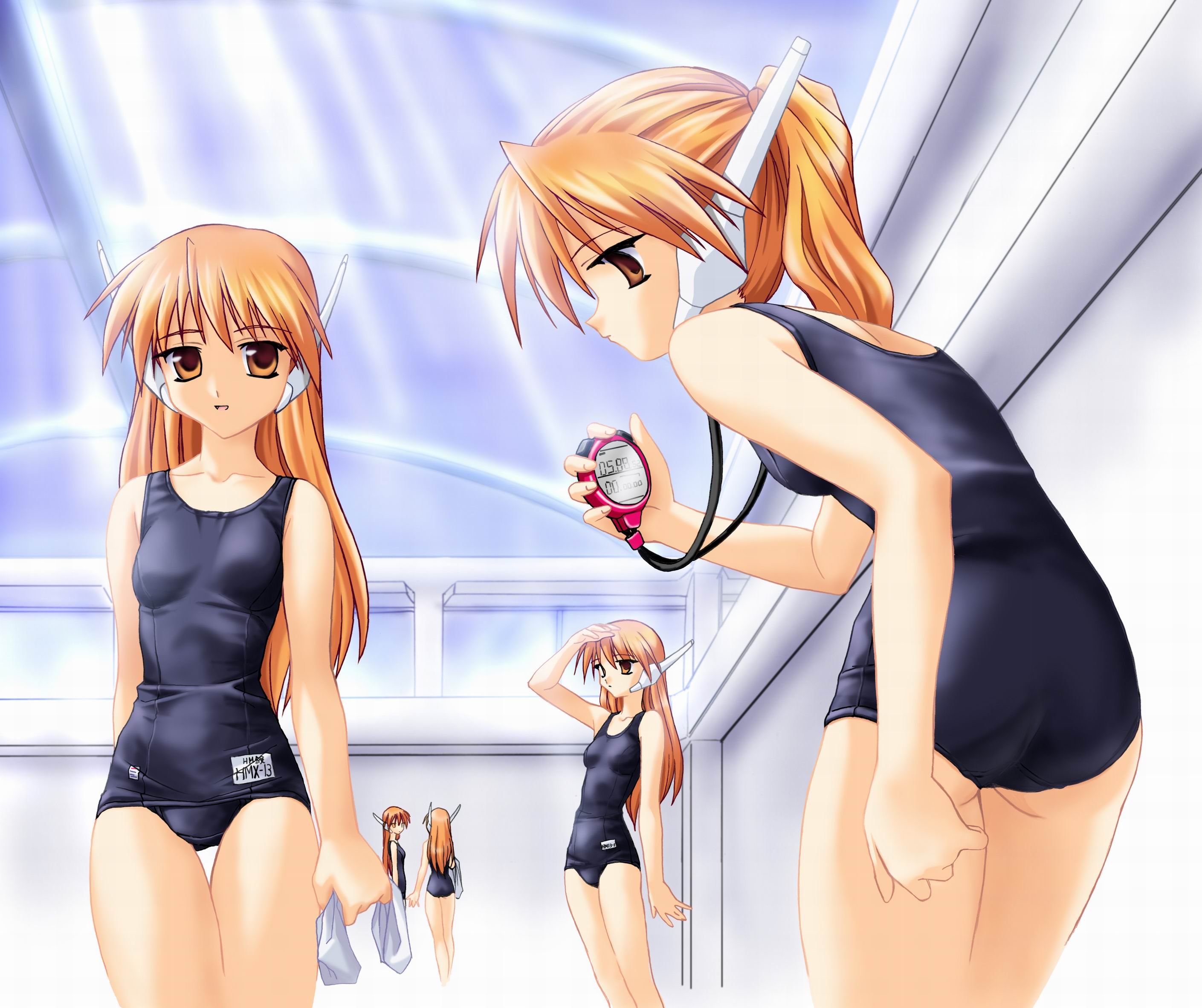 serio (to heart), to heart, to heart (series), highres, 5girls, clone, holding, holding stopwatch, multiple girls, one-piece swimsuit, robot ears, school swimsuit, stopwatch, swimsuit, watch