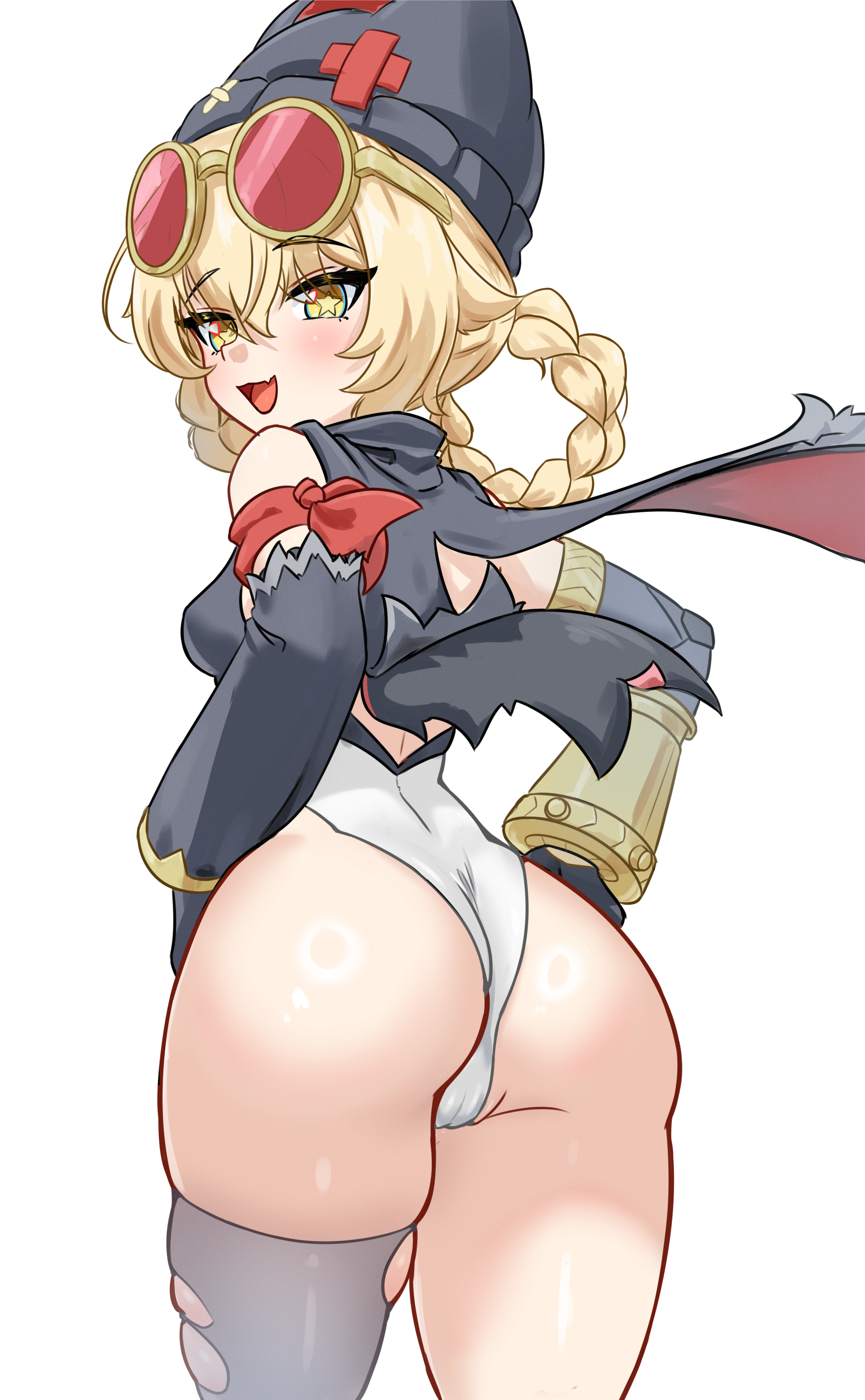 zancrowkami, jahoda (genshin impact), genshin impact, 1girl, ass, bare shoulders, blonde hair, blush, braid, breasts, cameltoe, cape, fang, from behind, gloves, green eyes, hat, huge ass, leotard, long hair, looking at viewer, looking back, medium breasts, open mouth, sideboob, single thighhigh, skin fang, skindentation, smile, solo, sunglasses, thick thighs, thighhighs, thighs