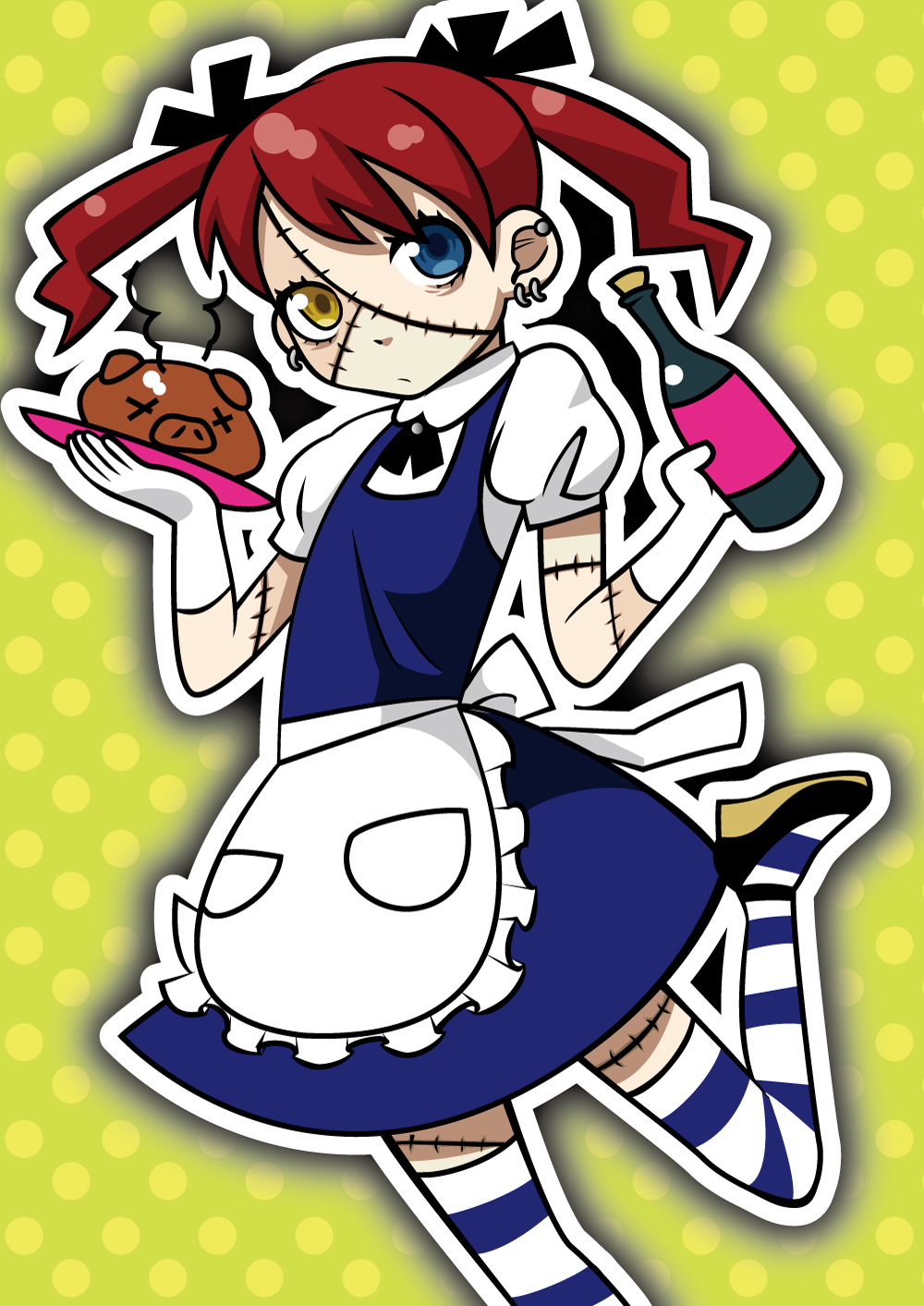 hntk, black neckwear, bad id, bad pixiv id, highres, 1girl, apron, auburn hair, blue dress, blue eyes, blue thighhighs, bottle, brown hair, dress, ear piercing, earrings, facing viewer, feet out of frame, female focus, flat chest, foot up, frilled apron, frills, gloves, golem, green background, heterochromia, jewelry, maid, outline, patch, piercing, pig head, pinafore dress, plate, polka dot, polka dot background, pork, puffy short sleeves, puffy sleeves, red hair, short sleeves, sleeveless, sleeveless dress, solo, standing, steam, stitches, striped clothes, striped thighhighs, thighhighs, twintails, waitress, waitress uniform, white gloves, white outline, white thighhighs, x x, yellow eyes, zombie