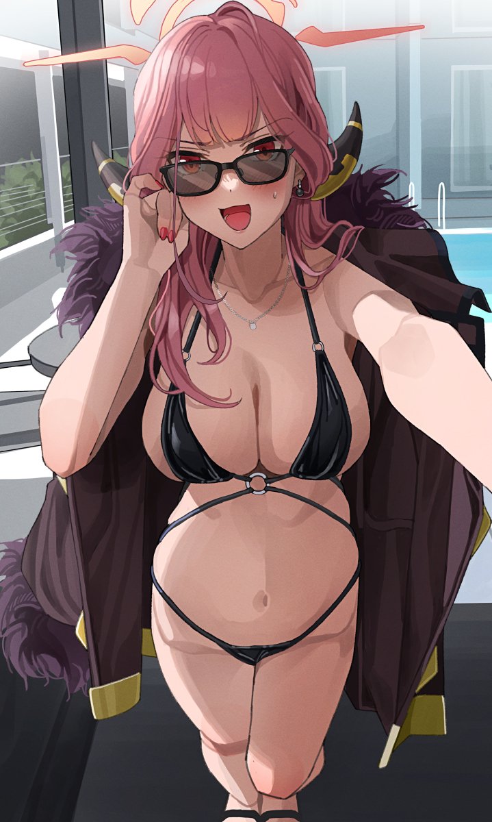 tipii, aru (blue archive), blue archive, highres, 1girl, alternate costume, bikini, black bikini, breasts, brown coat, brown horns, cleavage, coat, coat on shoulders, demon horns, fur-trimmed coat, fur trim, halo, horns, large breasts, looking at viewer, low horns, nervous smile, nervous sweating, o-ring, o-ring bikini, open mouth, outstretched hand, pink hair, pink halo, smile, solo, sweat, swimsuit, tinted eyewear