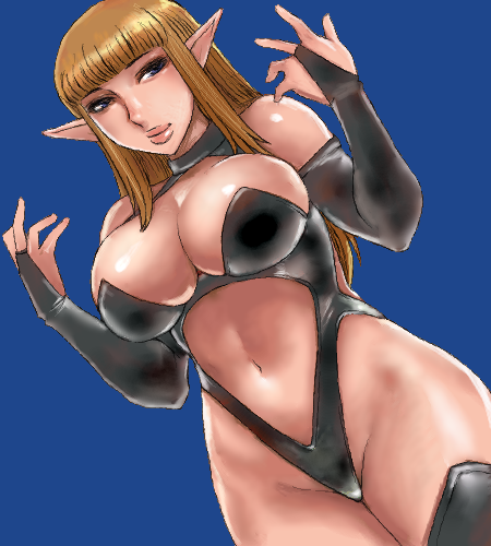 matoyama, lowres, 1girl, blue background, blue eyes, blunt bangs, breasts, brown hair, curvy, elbow gloves, elf, female focus, gloves, hip focus, large breasts, lips, long hair, oekaki, pointy ears, solo, thick thighs, thighs
