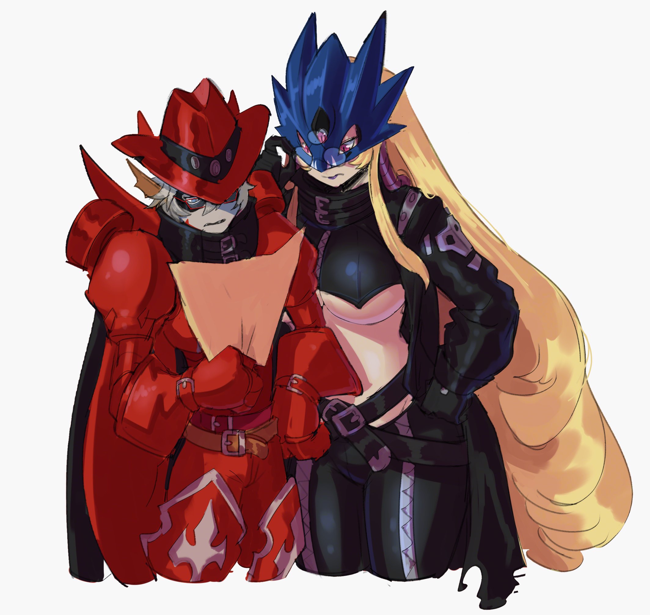 beelstarmon, magnakidmon, digimon, highres, 1boy, 1girl, black coat, black pants, blonde hair, blue eyes, blue mask, breasts, coat, cowboy shot, digimon (creature), eye mask, galacticselkie, glasses, hat, large breasts, long hair, navel, open clothes, open coat, pants, purple eyes, purple lips, reading, red hat, short hair, simple background, third eye, underboob, white background