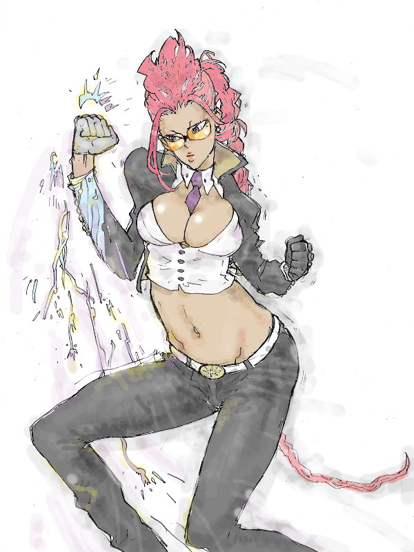kyuraa (kyura9een), crimson viper, capcom, street fighter, street fighter iv (series), 1girl, between breasts, breasts, cleavage, female focus, glasses, gloves, large breasts, leather, mature female, necktie, necktie between breasts, pompadour, red hair, solo